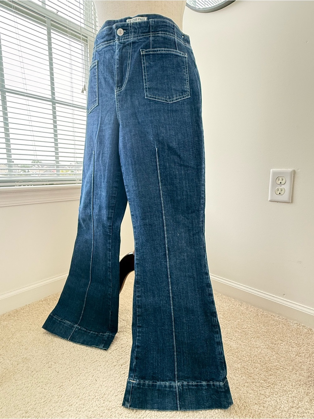 Free People Dark Indigo Flared Leg Jeans with Front Patch Pockets